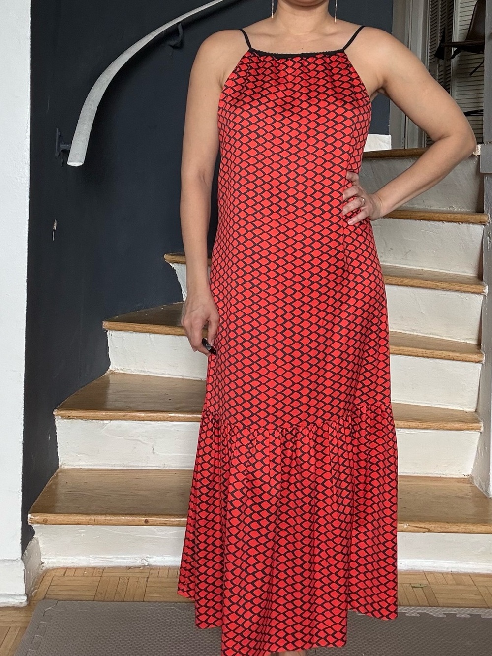 🇧🇷 Red & Black Printed Midi Dress – Open Back Tie Detail  Size S Made in Brazil - Picture 4 of 10